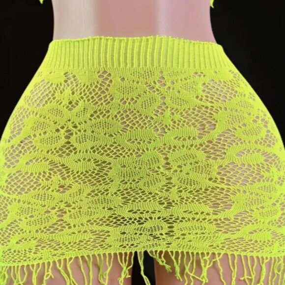 Neon Green 2pc Halter Top & Tassel Skirt Fishnet Dress Cover Up - Picture 5 of 7